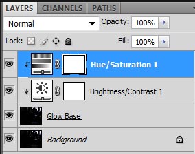 Слой после добавления корректирующих слоев Brightness/Contrast и Hue/Saturation на слой Glow Base